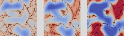 Gas temperature field (colors) and particle positions (black dots) in a 2D slice of the domain at t = 10, for increasing particle thermal response time (left to right). Hotter gas develops around the particle-laden regions as the thermal fluctuations grow.